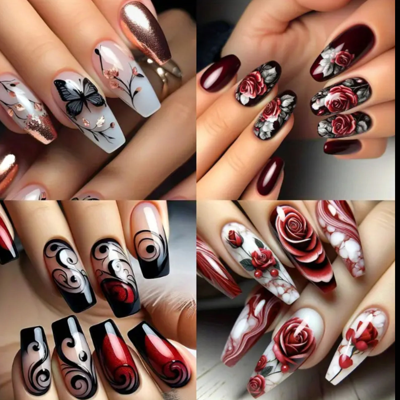 96pcs (4pcs) Press-On Nail Set, 3D Butterfly Valentine'S Day Heart & Rose Design, MidLength Ballet Shape, Mixed Color, Glossy Finish, asy Application &Removal, Nail File - Luxury & Elegant Style forParties, Gatherings, Daily Wear