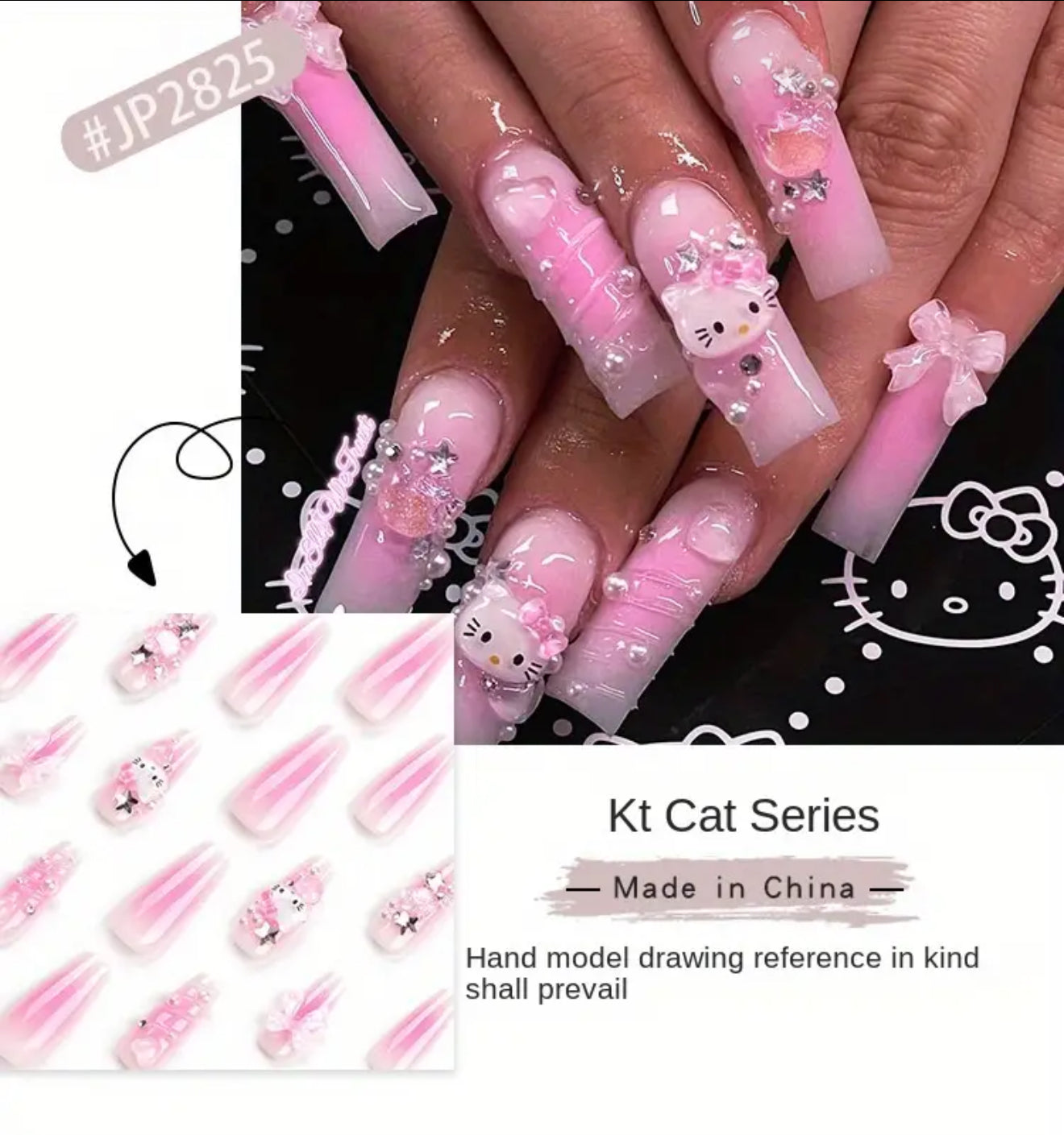 24pcs HELLO KITTY Wearable Nail Tips with 3D Water Wave Patterns, Nail Stickers, And Bow-Shaped Wearable Nail Pieces.