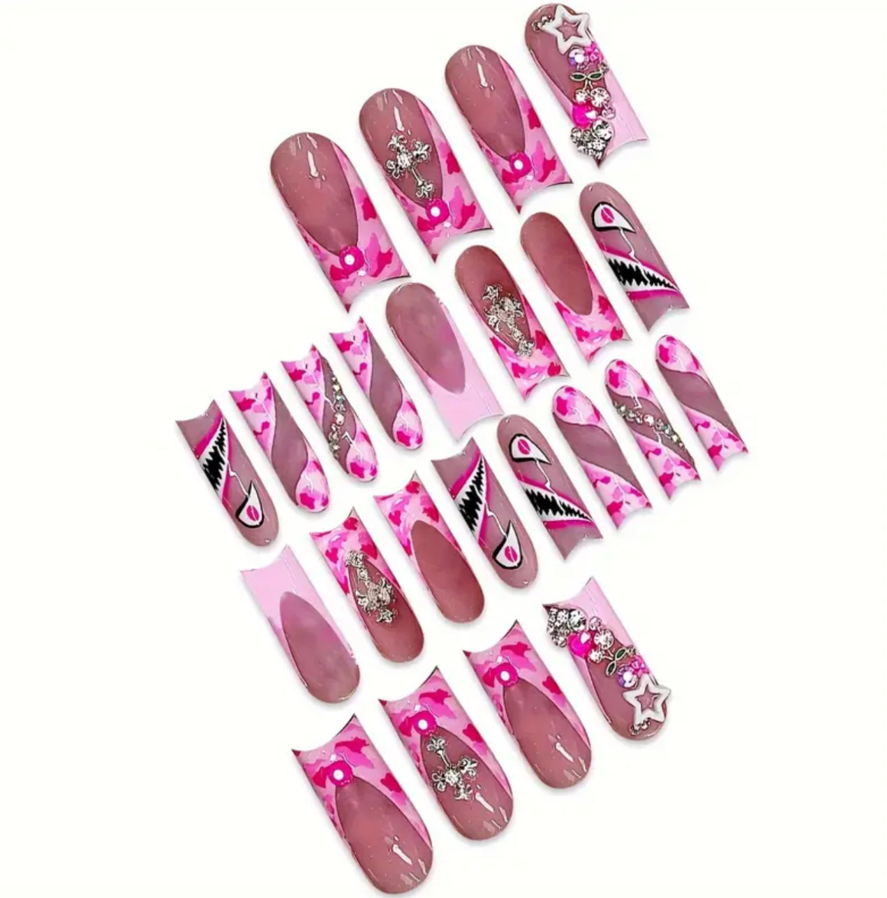 48pcs Bright Pink Press-On Nails with Cherry Heart, Cross, Stars, and Animal Patterns - Medium Length Square Fake Nails for Birthdays, Valentine's Day, Mother's Day, Graduation Parties