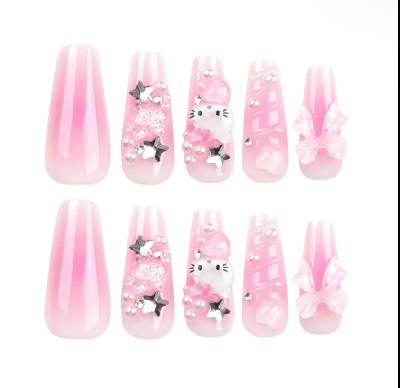 24pcs HELLO KITTY Wearable Nail Tips with 3D Water Wave Patterns, Nail Stickers, And Bow-Shaped Wearable Nail Pieces.