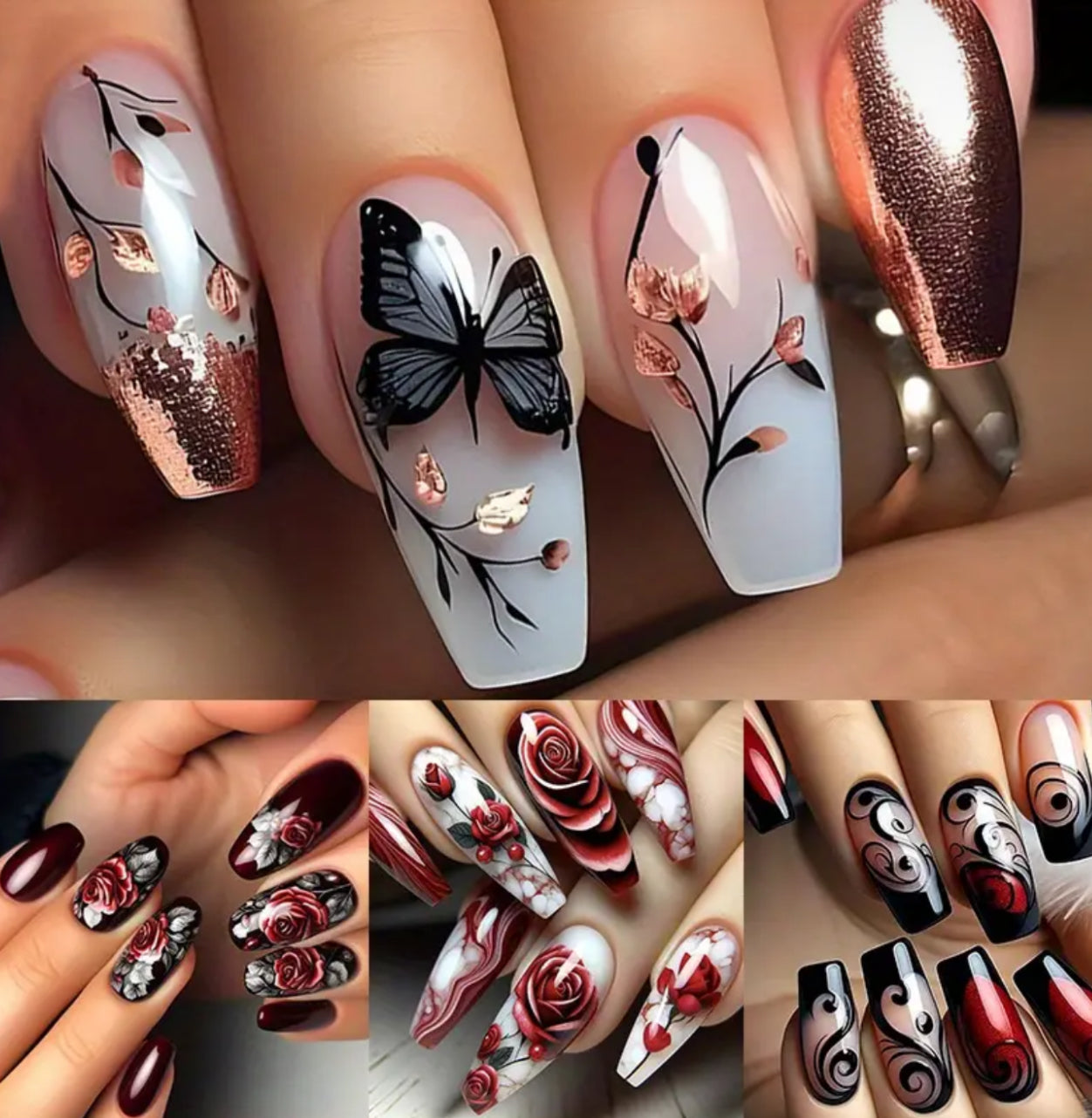96pcs (4pcs) Press-On Nail Set, 3D Butterfly Valentine'S Day Heart & Rose Design, MidLength Ballet Shape, Mixed Color, Glossy Finish, asy Application &Removal, Nail File - Luxury & Elegant Style forParties, Gatherings, Daily Wear