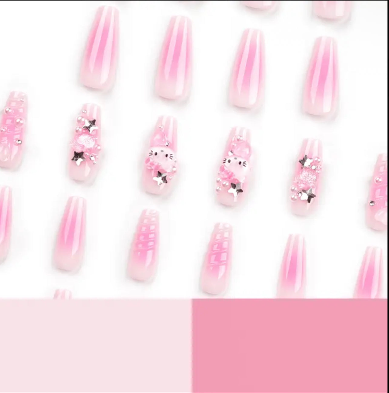 24pcs HELLO KITTY Wearable Nail Tips with 3D Water Wave Patterns, Nail Stickers, And Bow-Shaped Wearable Nail Pieces.