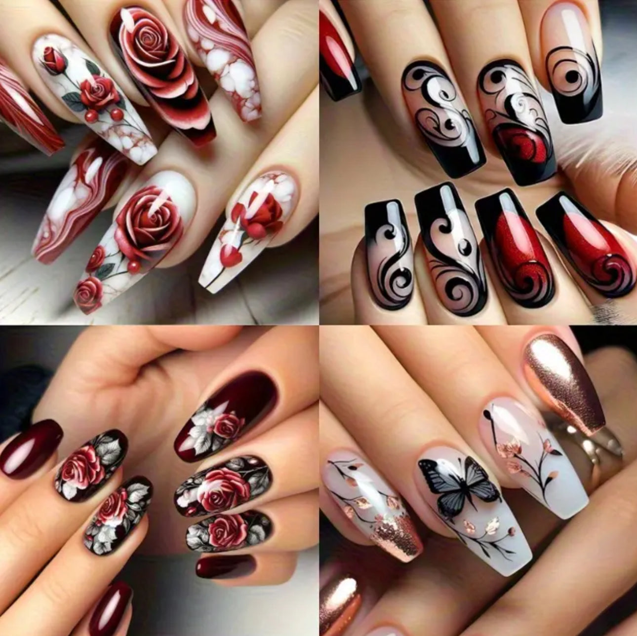 96pcs (4pcs) Press-On Nail Set, 3D Butterfly Valentine'S Day Heart & Rose Design, MidLength Ballet Shape, Mixed Color, Glossy Finish, asy Application &Removal, Nail File - Luxury & Elegant Style forParties, Gatherings, Daily Wear