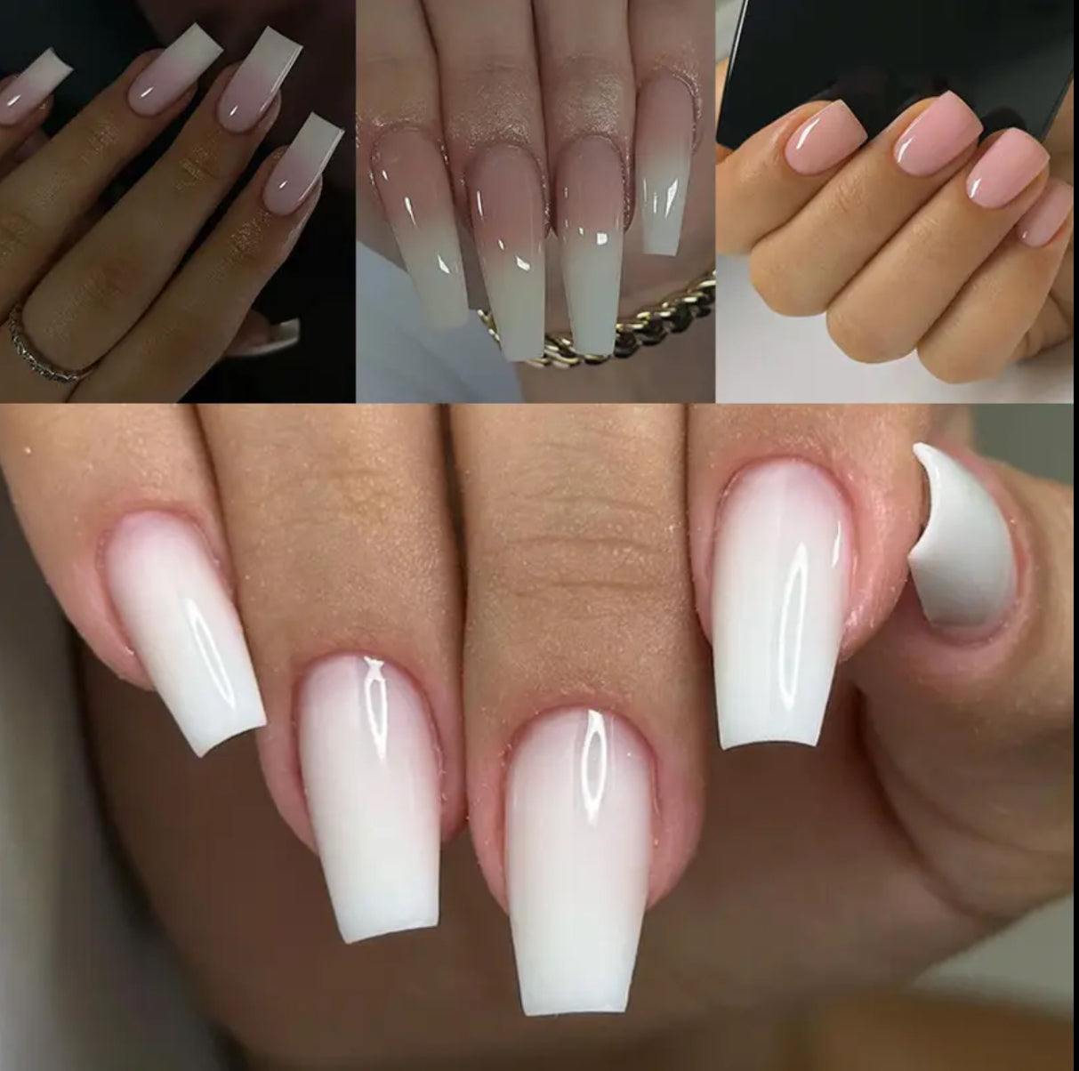 96pcs Press on Nails Medium Long Square Ombre Nude Pink White Fake Glue on Nails with Simple Design for Women Girls Full Cover Artificial Acrylic False Stick on Nail for Daily Wear Wedding
