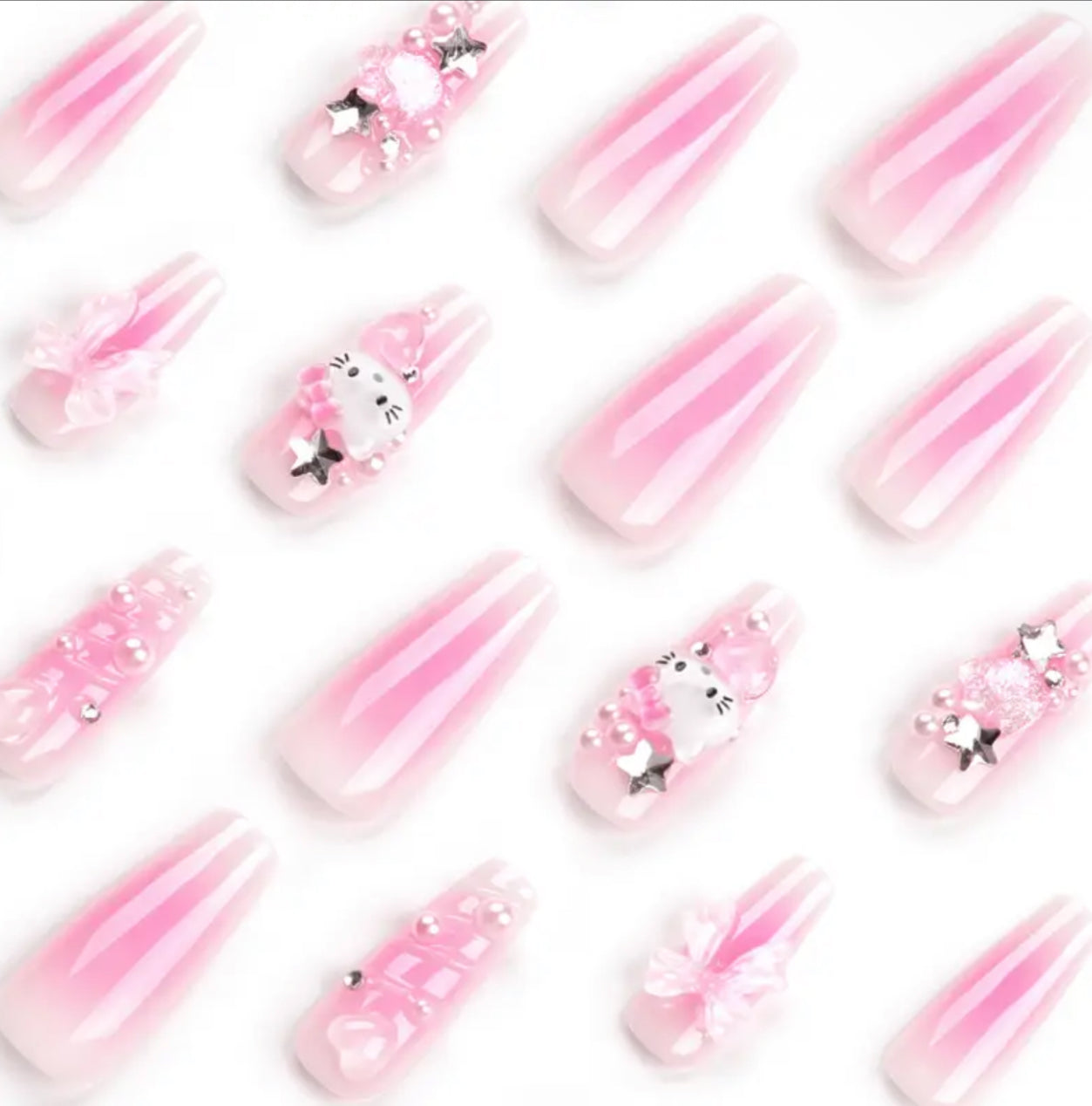 24pcs HELLO KITTY Wearable Nail Tips with 3D Water Wave Patterns, Nail Stickers, And Bow-Shaped Wearable Nail Pieces.