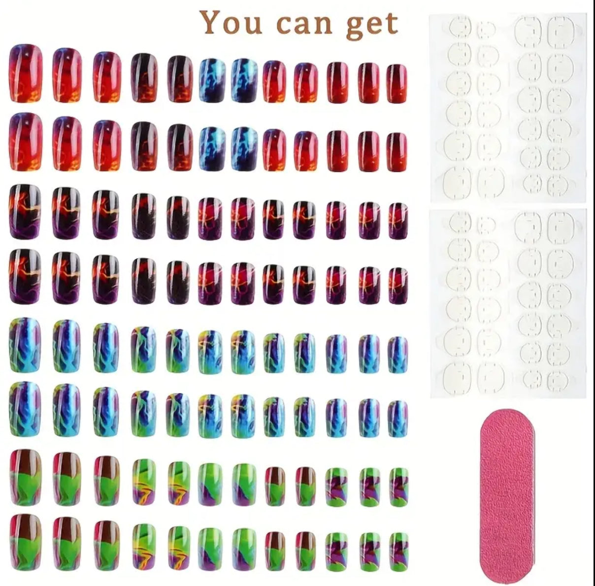 96pcs Acrylic Press-On Nail Set, Medium-Long Ballet Nails with Green Ombre Shine & Lightning Halo Design, Mixed Color Stripes, Includes Nail File, Glossy Finish – Salon Fake Nails for s and Women, Perfect Summer Gift