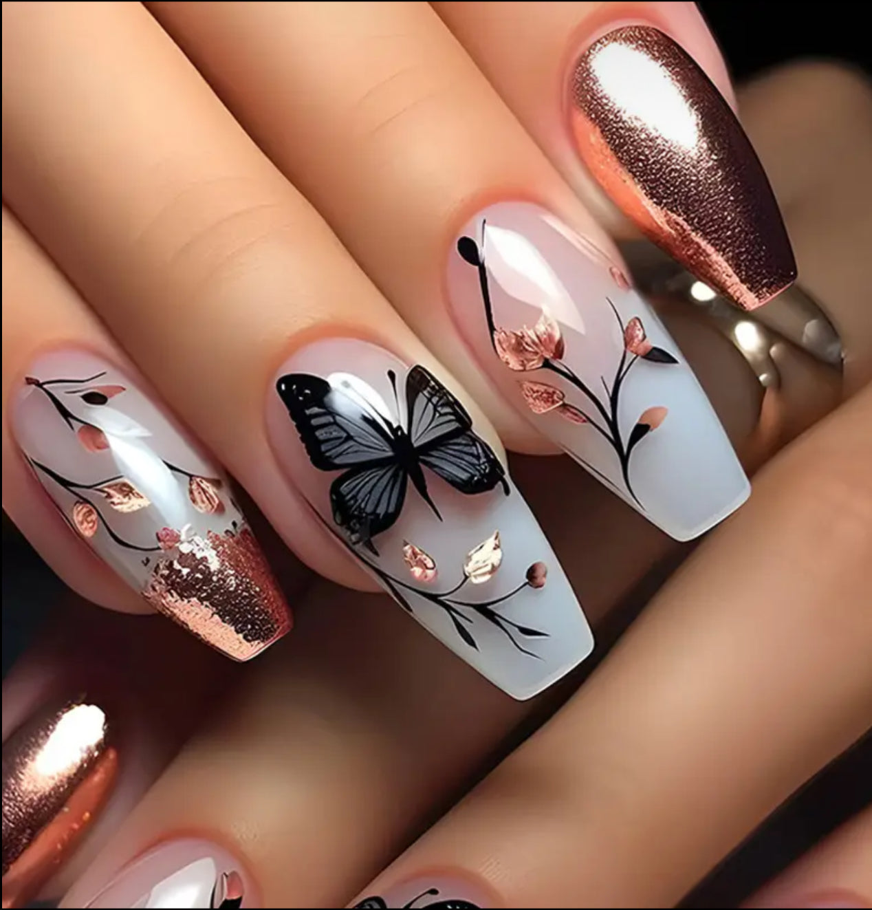 96pcs (4pcs) Press-On Nail Set, 3D Butterfly Valentine'S Day Heart & Rose Design, MidLength Ballet Shape, Mixed Color, Glossy Finish, asy Application &Removal, Nail File - Luxury & Elegant Style forParties, Gatherings, Daily Wear