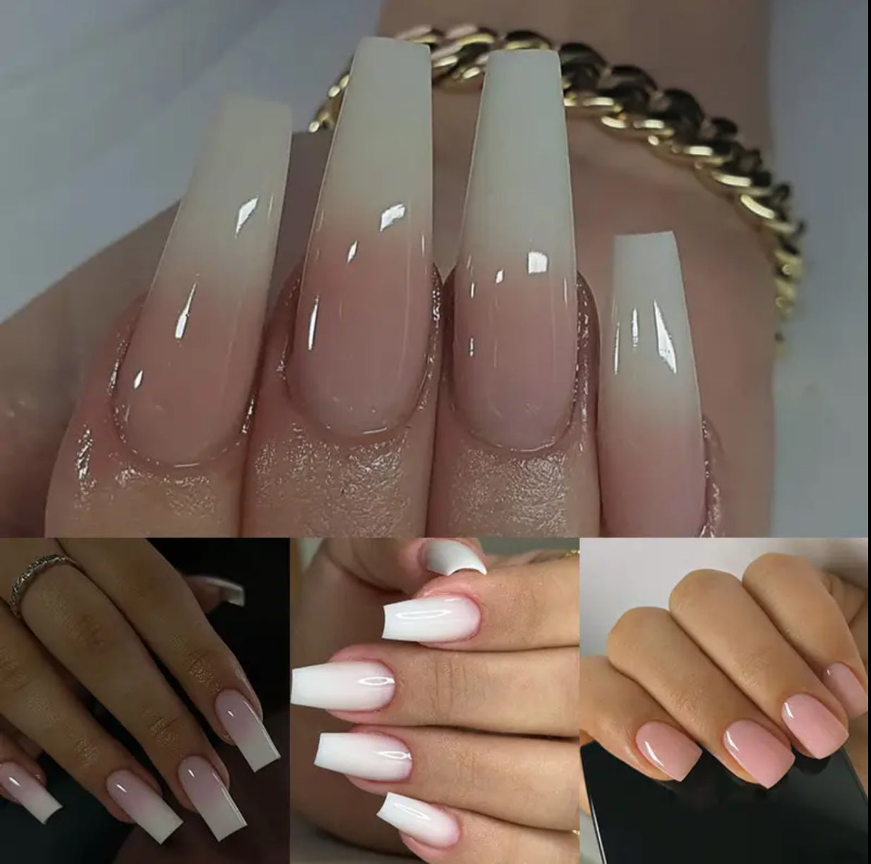 96pcs Press on Nails Medium Long Square Ombre Nude Pink White Fake Glue on Nails with Simple Design for Women Girls Full Cover Artificial Acrylic False Stick on Nail for Daily Wear Wedding