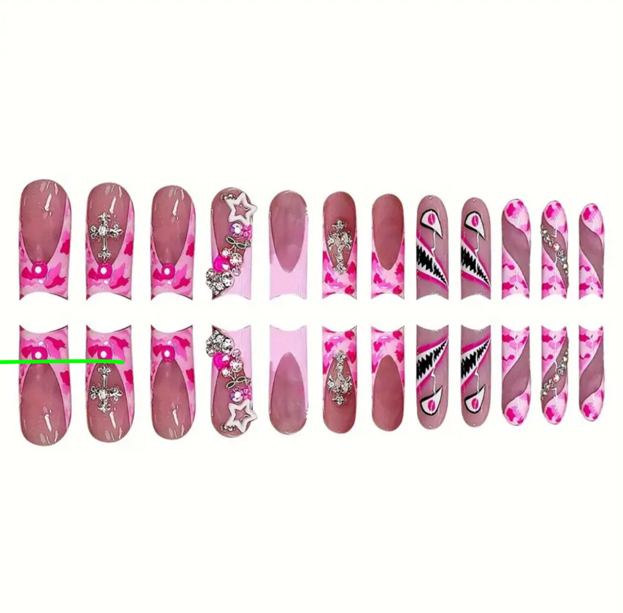 48pcs Bright Pink Press-On Nails with Cherry Heart, Cross, Stars, and Animal Patterns - Medium Length Square Fake Nails for Birthdays, Valentine's Day, Mother's Day, Graduation Parties