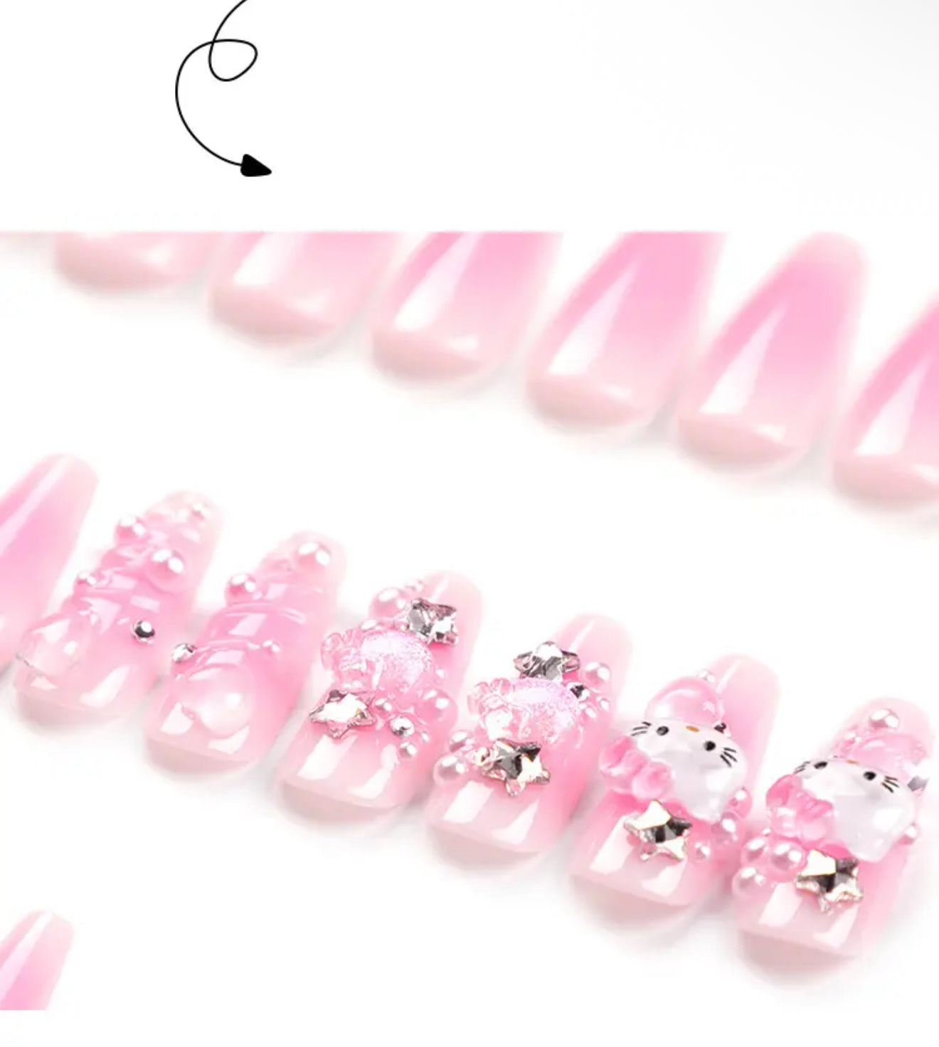 24pcs HELLO KITTY Wearable Nail Tips with 3D Water Wave Patterns, Nail Stickers, And Bow-Shaped Wearable Nail Pieces.