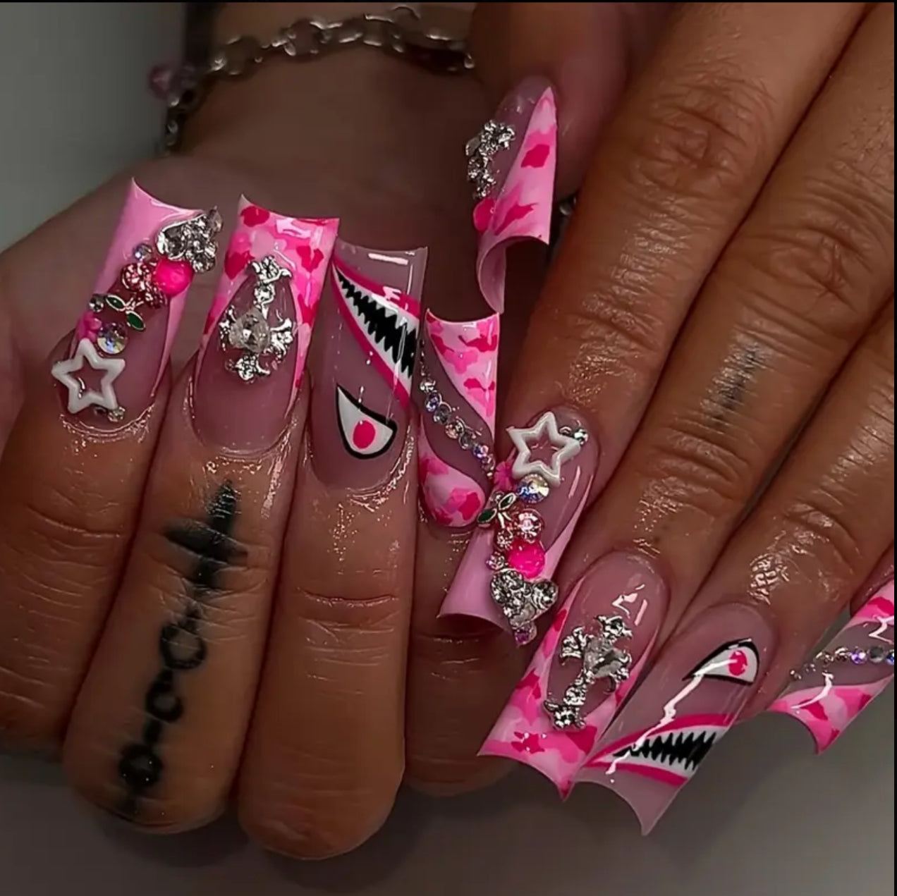 48pcs Bright Pink Press-On Nails with Cherry Heart, Cross, Stars, and Animal Patterns - Medium Length Square Fake Nails for Birthdays, Valentine's Day, Mother's Day, Graduation Parties