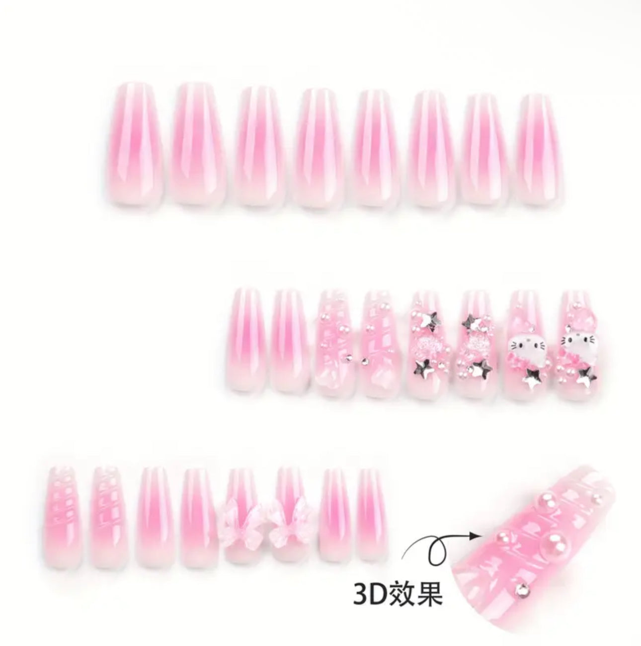 24pcs HELLO KITTY Wearable Nail Tips with 3D Water Wave Patterns, Nail Stickers, And Bow-Shaped Wearable Nail Pieces.