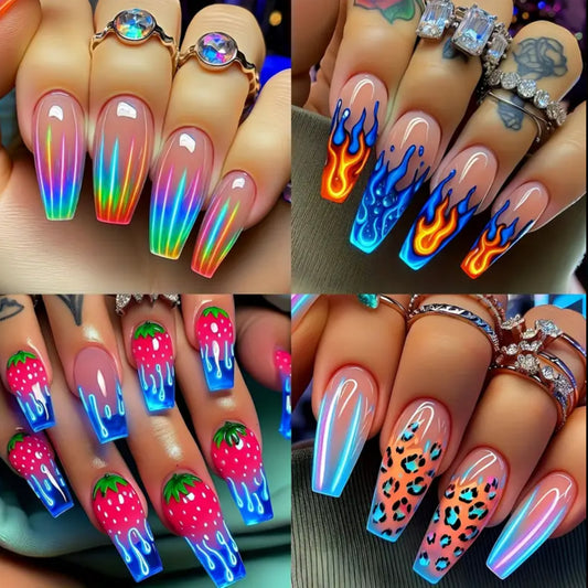 96pcs Acrylic Press-On Nail Set, Medium-Long Ballet Nails with Green Ombre Shine & Lightning Halo Design, Mixed Color Stripes, Includes Nail File, Glossy Finish – Salon Fake Nails for s and Women, Perfect Summer Gift