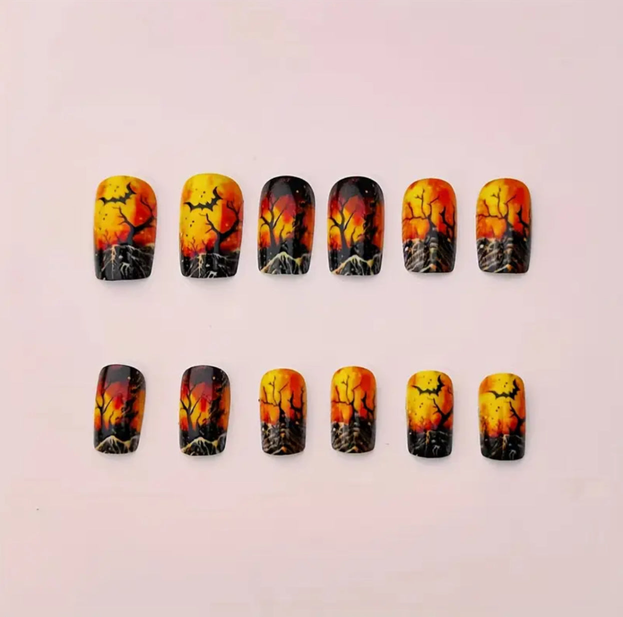 [Halloween Nail Art] 24pcs Halloween Square Burnt Forest Twilight Retro Woodland Detachable Nail Art Set