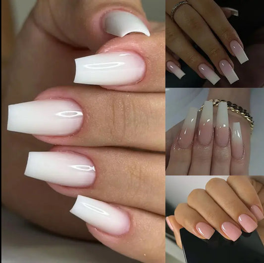 96pcs Press on Nails Medium Long Square Ombre Nude Pink White Fake Glue on Nails with Simple Design for Women Girls Full Cover Artificial Acrylic False Stick on Nail for Daily Wear Wedding