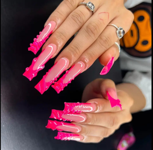24pcs Waterfall Style Fake Nails, Fashionable Simple Sweet Pink French New Craft Design Removable False Nails Suitable for All s and Women with 1 Gel and 1 Nail File