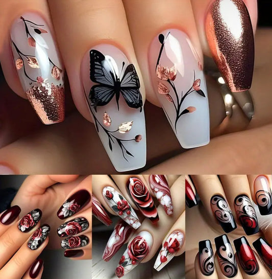 96pcs (4pcs) Press-On Nail Set, 3D Butterfly Valentine'S Day Heart & Rose Design, MidLength Ballet Shape, Mixed Color, Glossy Finish, asy Application &Removal, Nail File - Luxury & Elegant Style forParties, Gatherings, Daily Wear