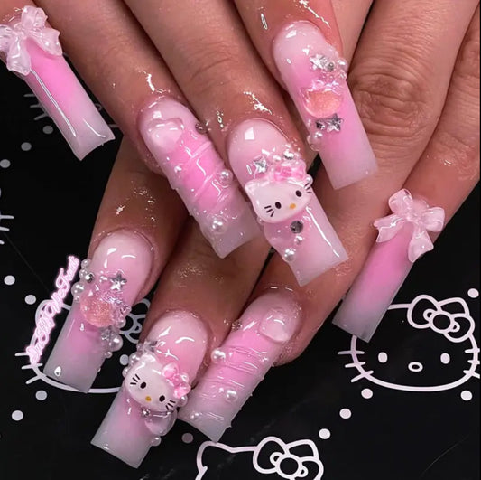 24pcs HELLO KITTY Wearable Nail Tips with 3D Water Wave Patterns, Nail Stickers, And Bow-Shaped Wearable Nail Pieces.