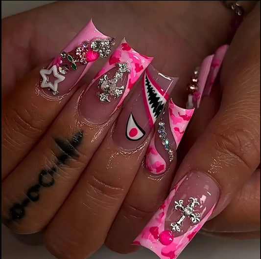 48pcs Bright Pink Press-On Nails with Cherry Heart, Cross, Stars, and Animal Patterns - Medium Length Square Fake Nails for Birthdays, Valentine's Day, Mother's Day, Graduation Parties