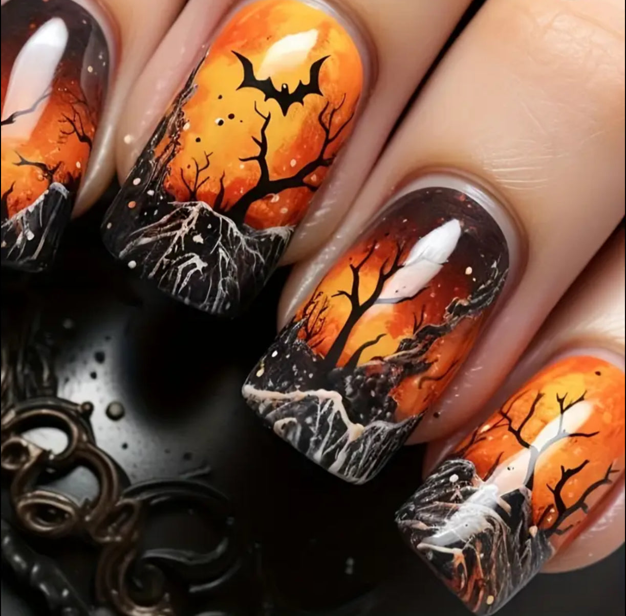 [Halloween Nail Art] 24pcs Halloween Square Burnt Forest Twilight Retro Woodland Detachable Nail Art Set