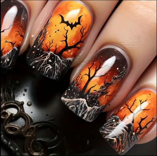 [Halloween Nail Art] 24pcs Halloween Square Burnt Forest Twilight Retro Woodland Detachable Nail Art Set