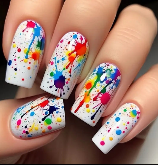 48pcs Of Female Fake Nails White Mixed Color Square Nail Art with Long Color Ink Splashing Personality Fashion Style Wearing A Bright Face Wearing A Removable Pressing Type Can Be Used Repeatedly Suitable for Women