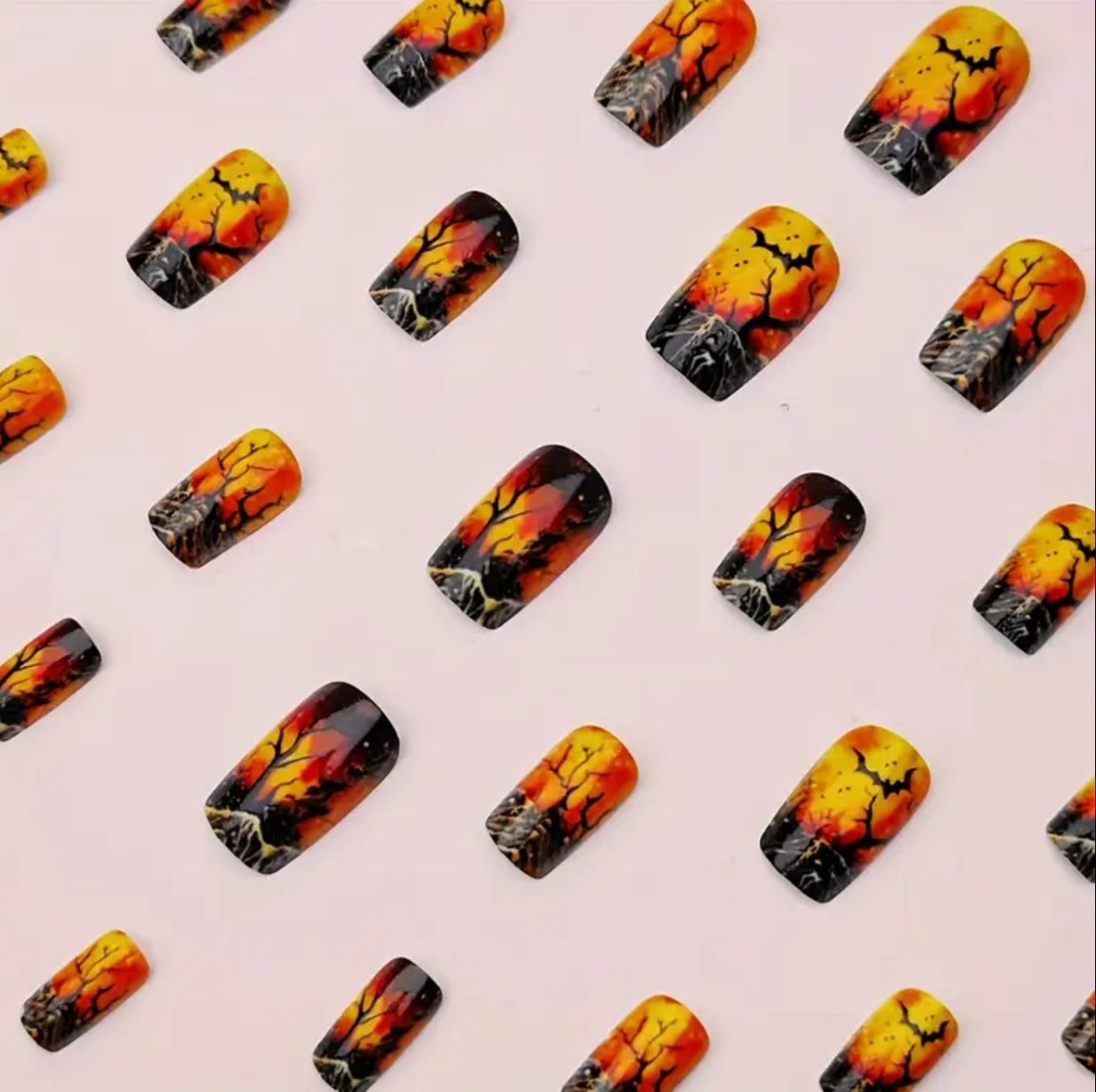 [Halloween Nail Art] 24pcs Halloween Square Burnt Forest Twilight Retro Woodland Detachable Nail Art Set